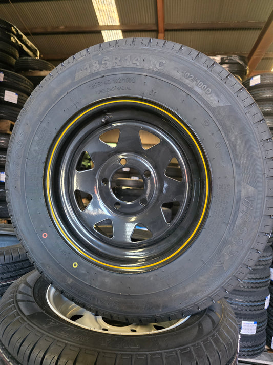 185R14LT WITH 5 STUDS FORD BLACK STEEL RIM